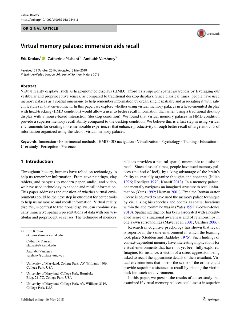 Virtual Memory Palaces: Immersion Aids Recall
