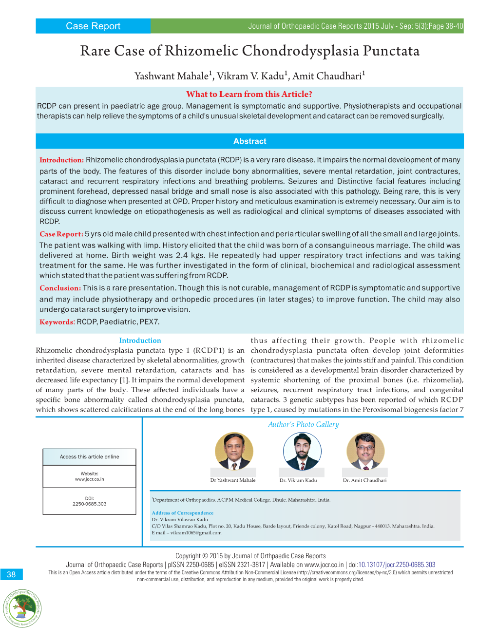 Rare Case of Rhizomelic Chondrodysplasia Punctata Yashwant Mahale¹, Vikram V