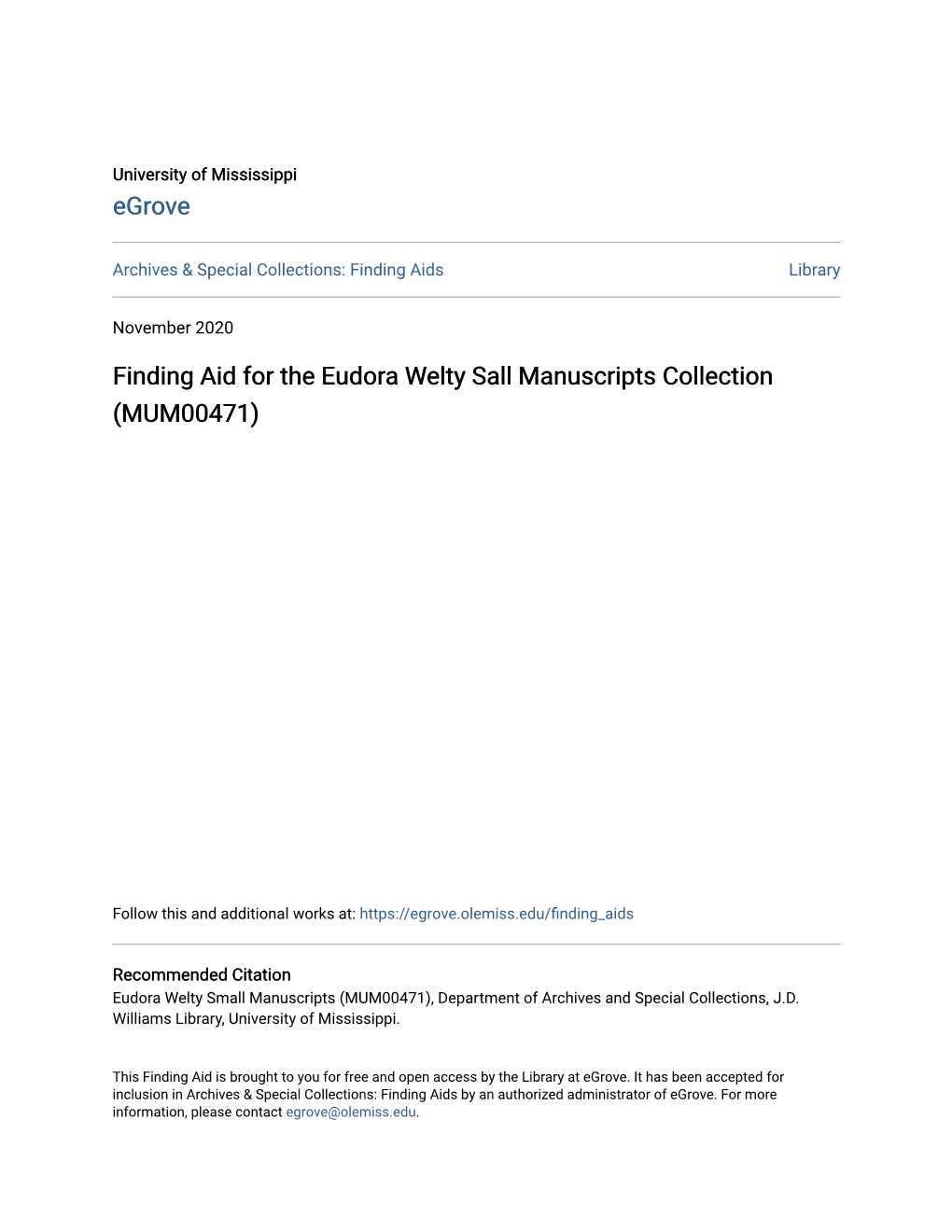 Finding Aid for the Eudora Welty Sall Manuscripts Collection (MUM00471)