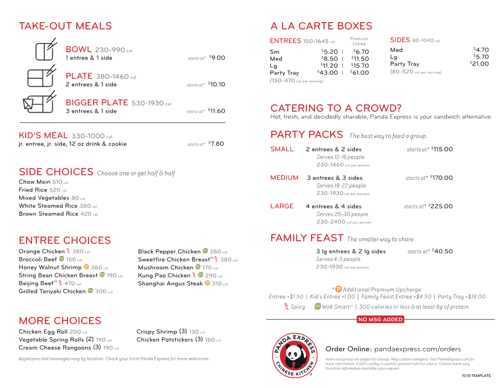 A La Carte Boxes Take-Out Meals Entree Choices More