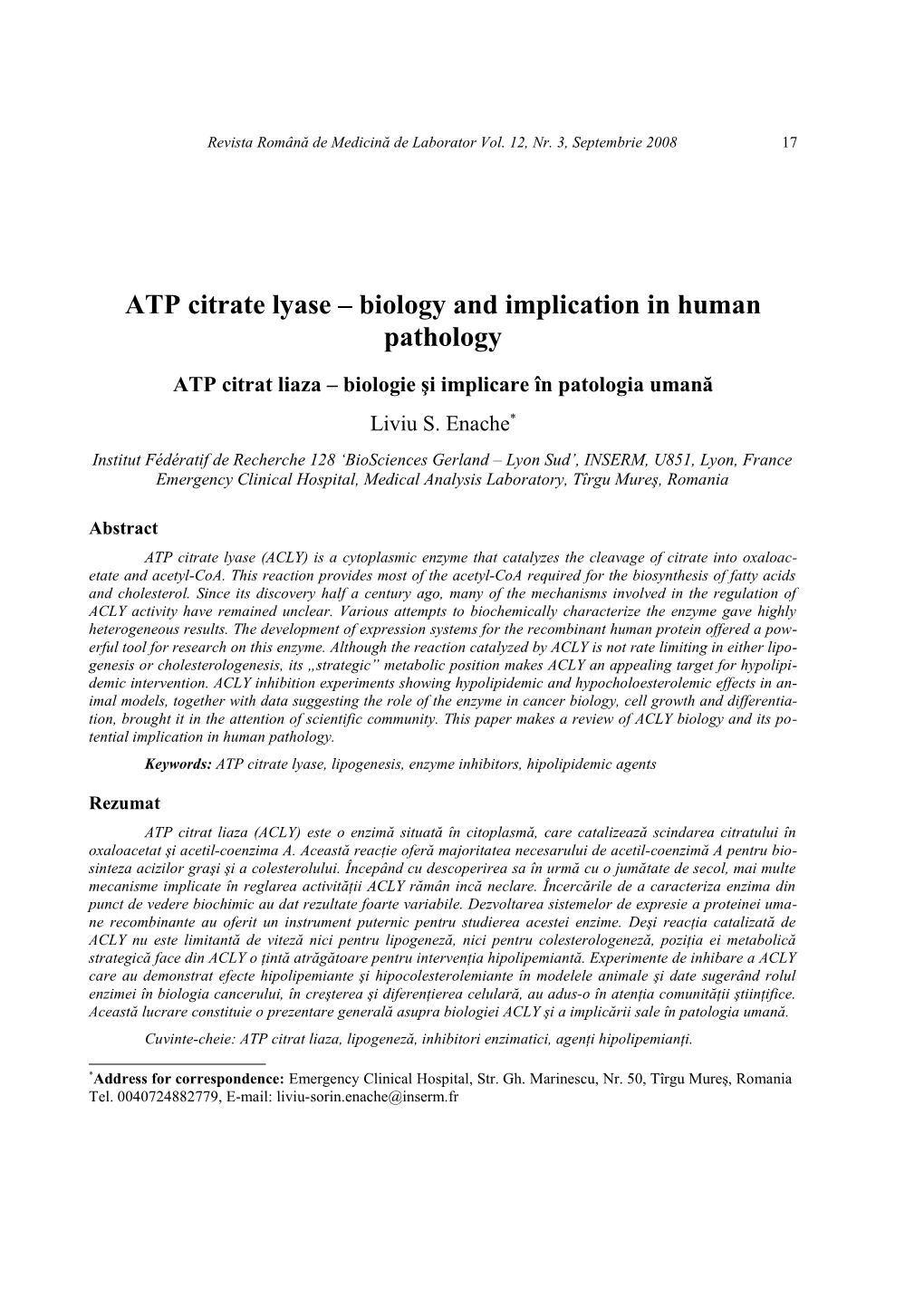 ATP Citrate Lyase – Biology and Implication in Human Pathology