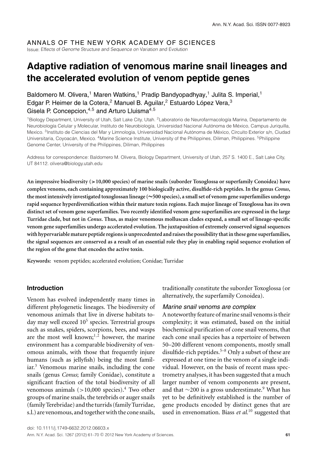 Adaptive Radiation of Venomous Marine Snail Lineages and the Accelerated Evolution of Venom Peptide Genes