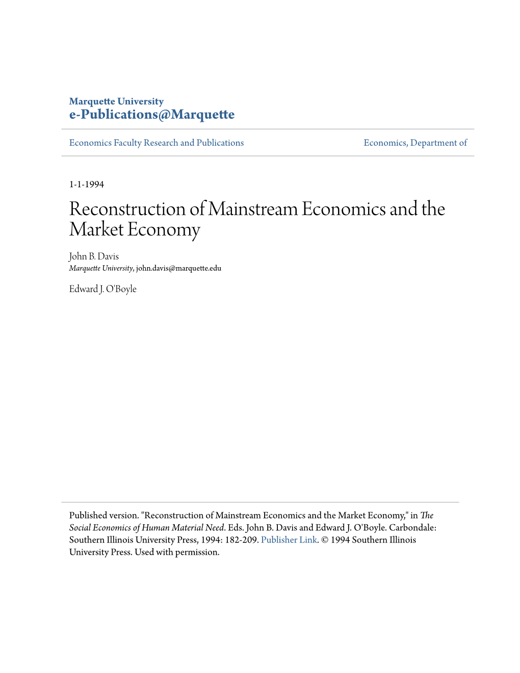 Reconstruction of Mainstream Economics and the Market Economy John B