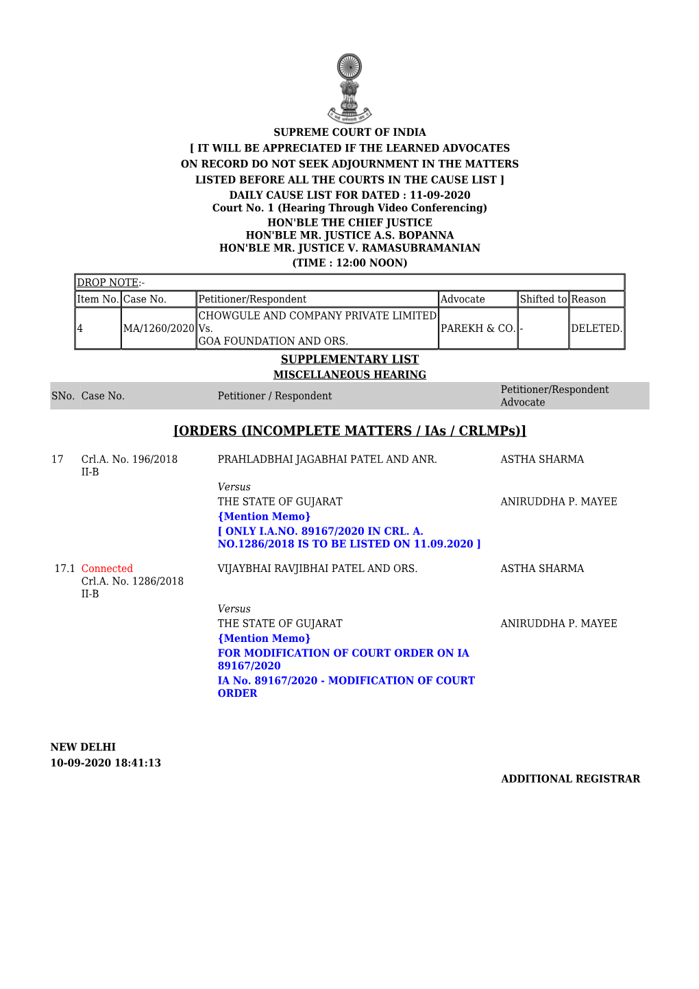 [ORDERS (INCOMPLETE MATTERS / Ias / Crlmps)]