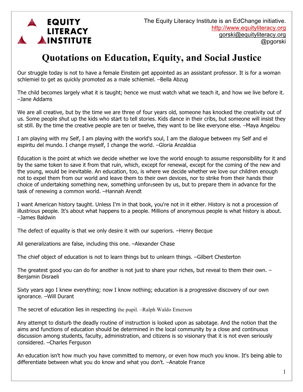 Quotations on Education, Equity, and Social Justice