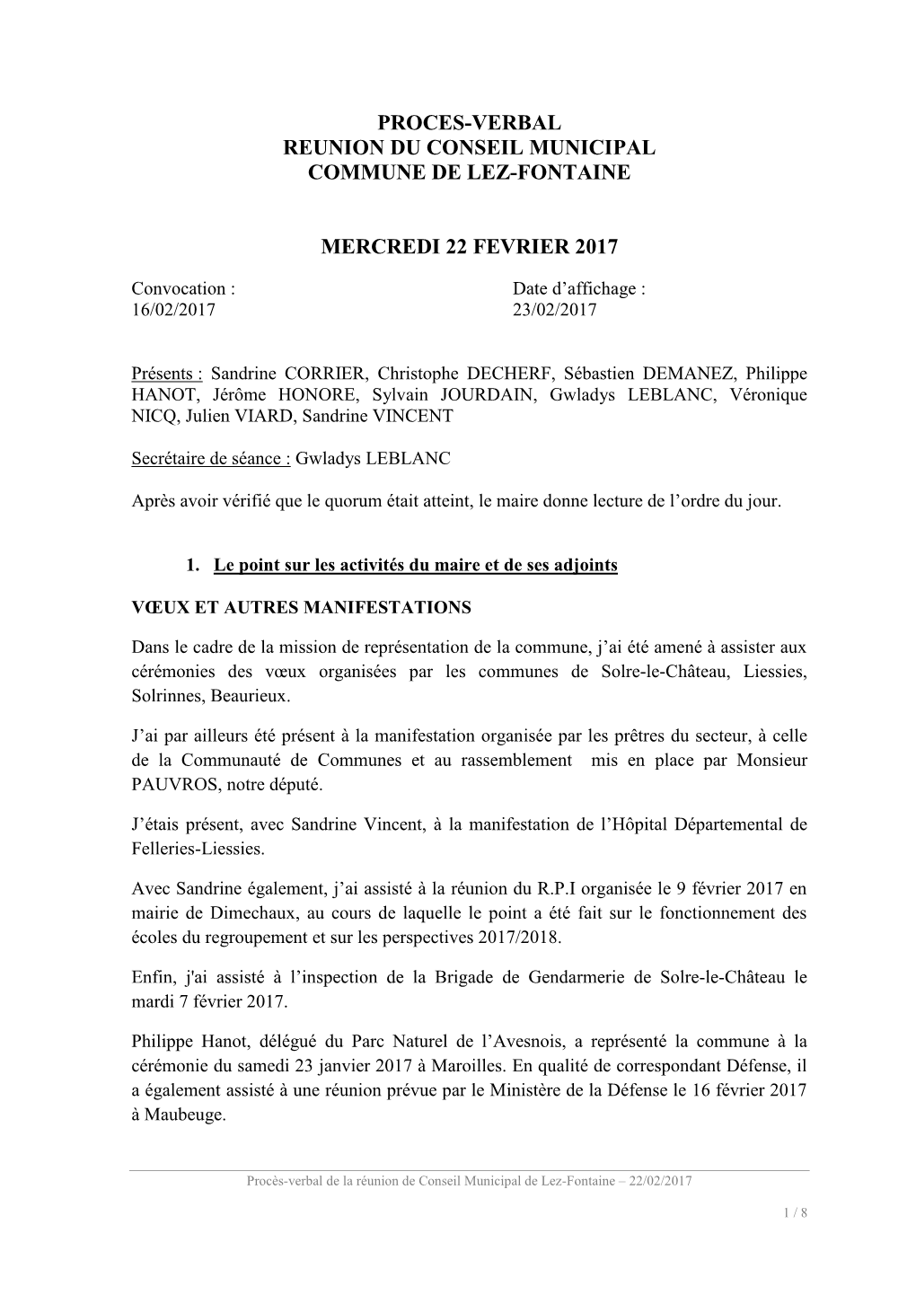 Proces-Verbal Reunion Du Conseil Municipal Commune De Lez-Fontaine Mercredi 22 Fevrier 2017