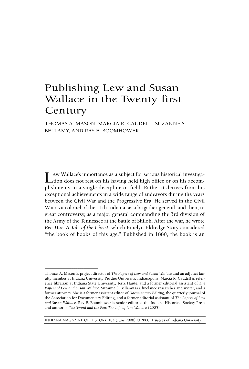 Publishing Lew and Susan Wallace in the Twenty-First Century