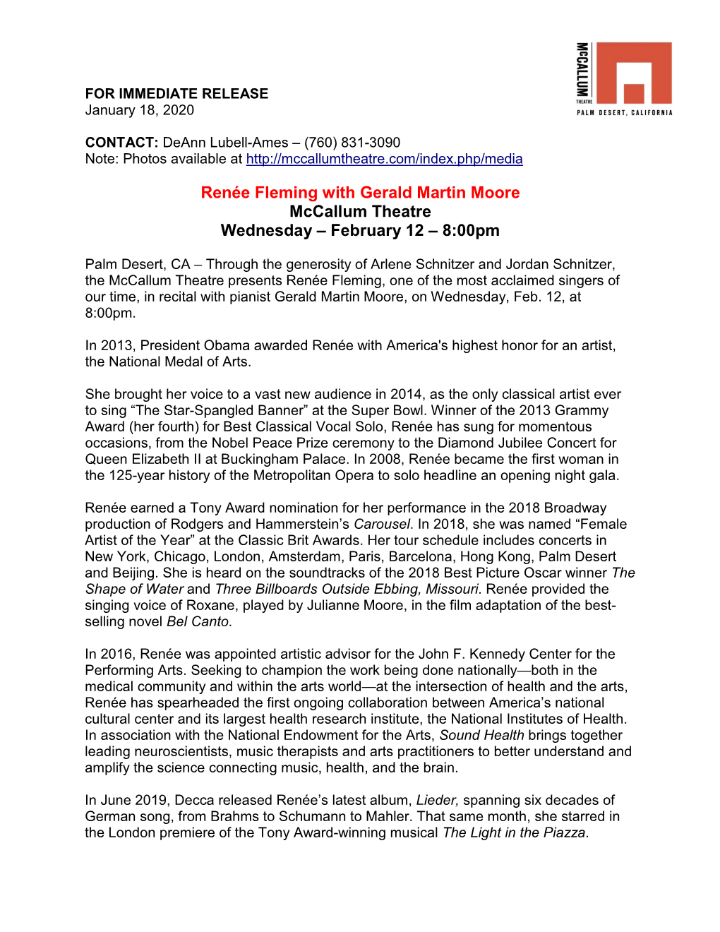 Renée Fleming with Gerald Martin Moore Mccallum Theatre Wednesday – February 12 – 8:00Pm