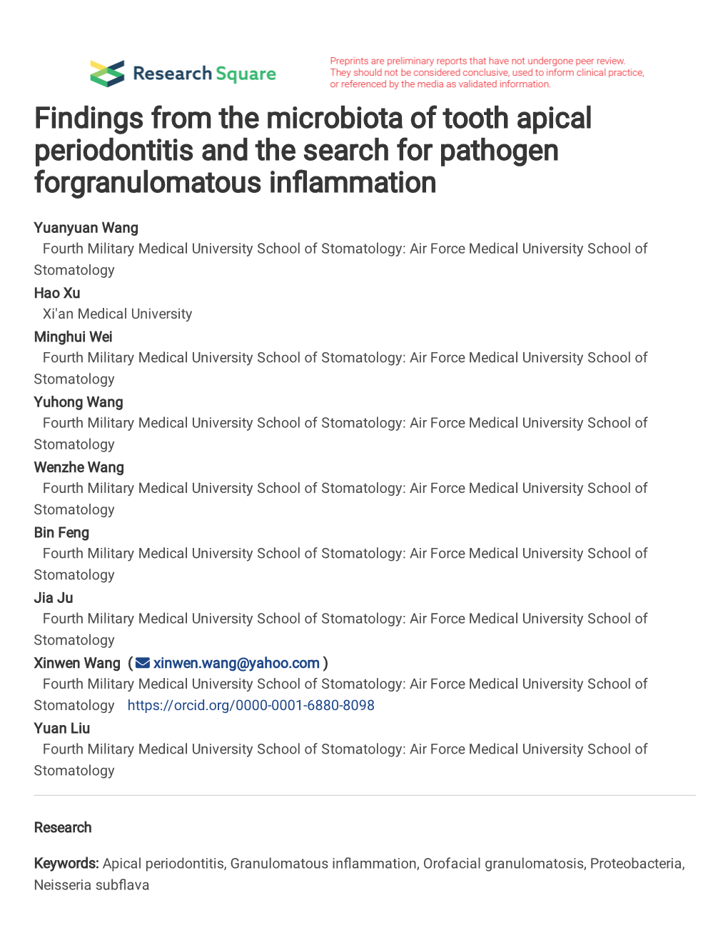 Findings from the Microbiota of Tooth Apical Periodontitis and the Search for Pathogen Forgranulomatous In�Ammation