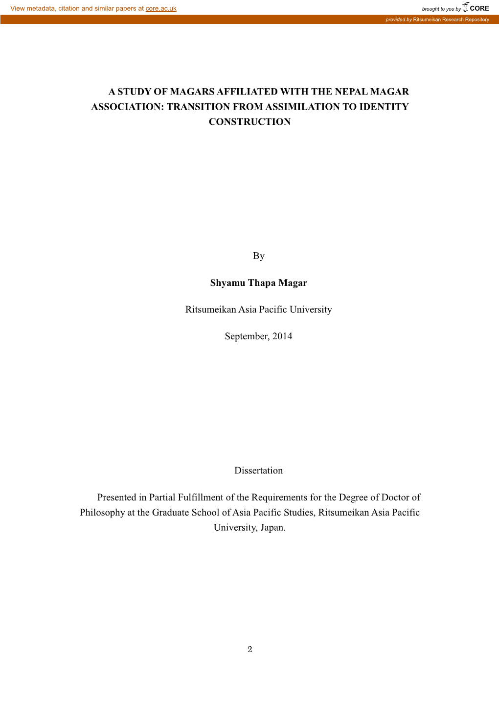 A Study of Magars Affiliated with the Nepal Magar Association: Transition from Assimilation to Identity Construction