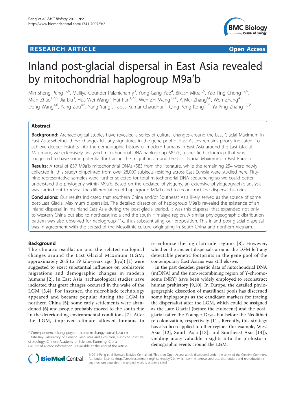 Inland Post-Glacial Dispersal in East Asia Revealed by Mitochondrial