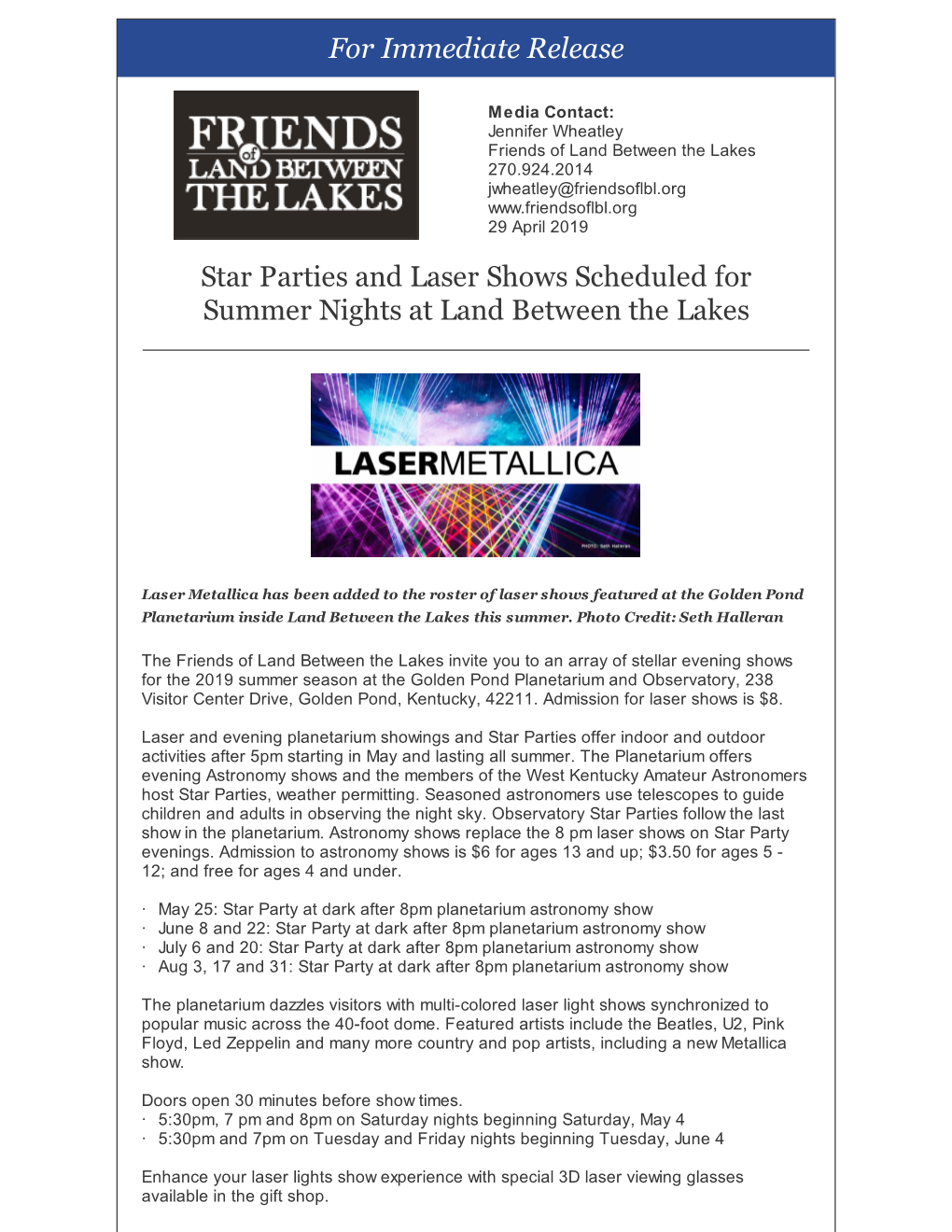 Star Parties and Laser Shows Scheduled for Summer Nights at Land Between the Lakes