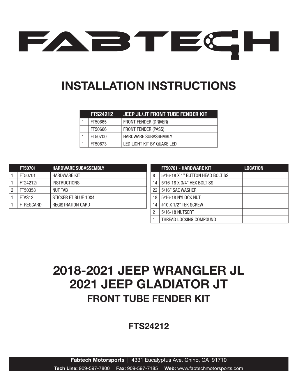 2018-2021 Jeep Wrangler Jl 2021 Jeep Gladiator Jt Front Tube Fender Kit