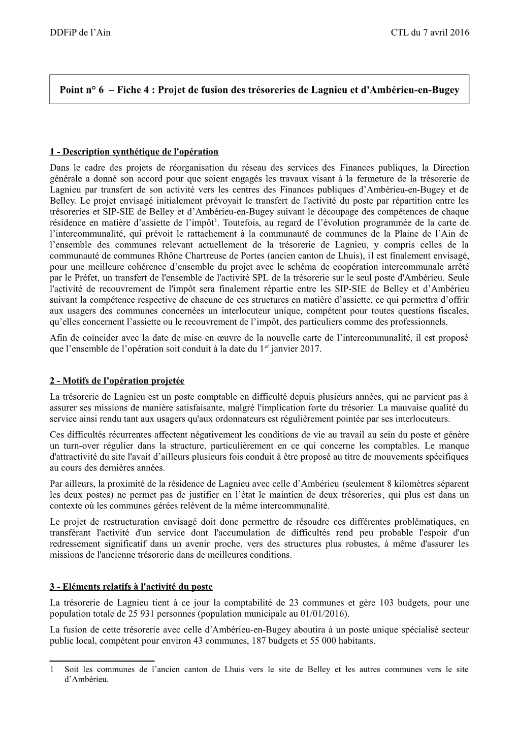 Projet De Fusion Des Trésoreries De Lagnieu Et D'ambérieu-En-Bugey