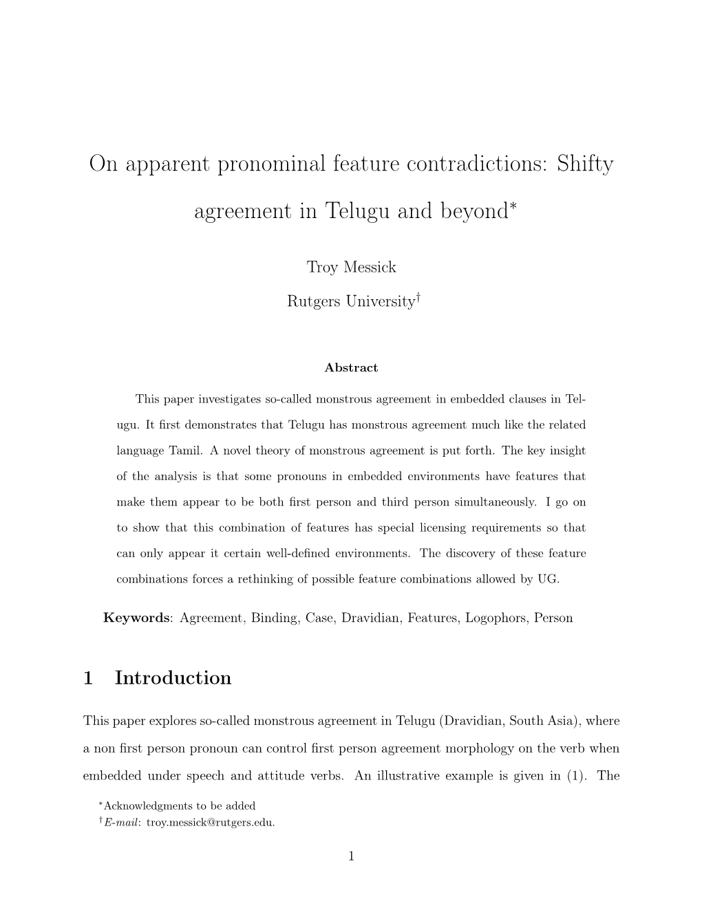 Shifty Agreement in Telugu and Beyond∗