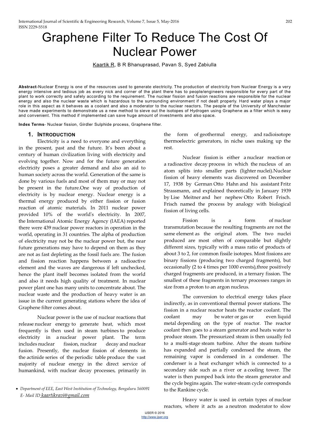 Graphene Filter to Reduce the Cost of Nuclear Power Kaartik R, B R Bhanuprasad, Pavan S, Syed Zabiulla