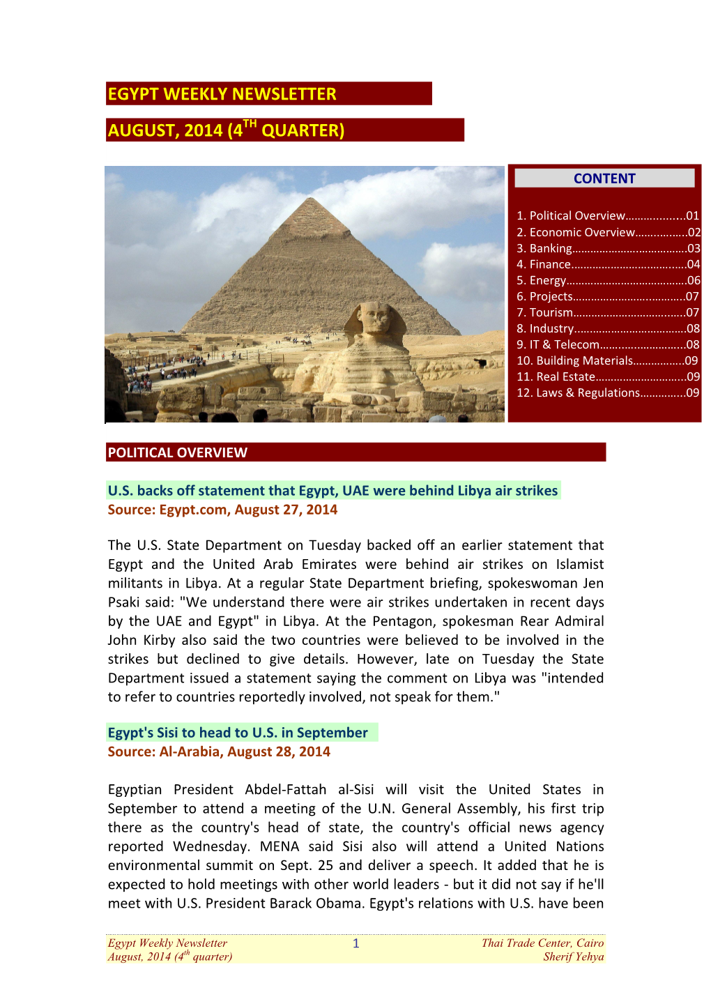 Egypt Weekly Newsletter August 2014, 4Th Quarter