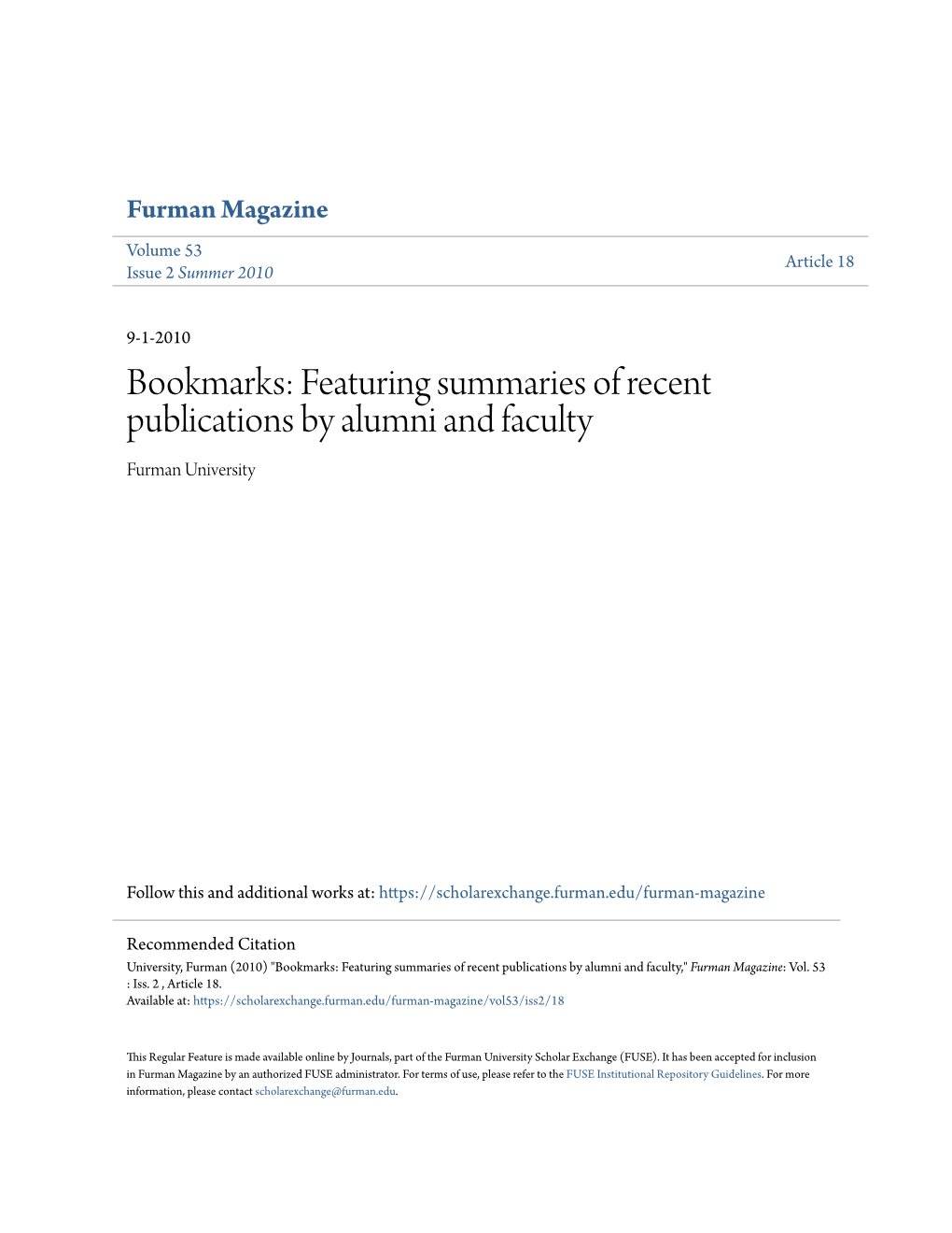 Featuring Summaries of Recent Publications by Alumni and Faculty Furman University