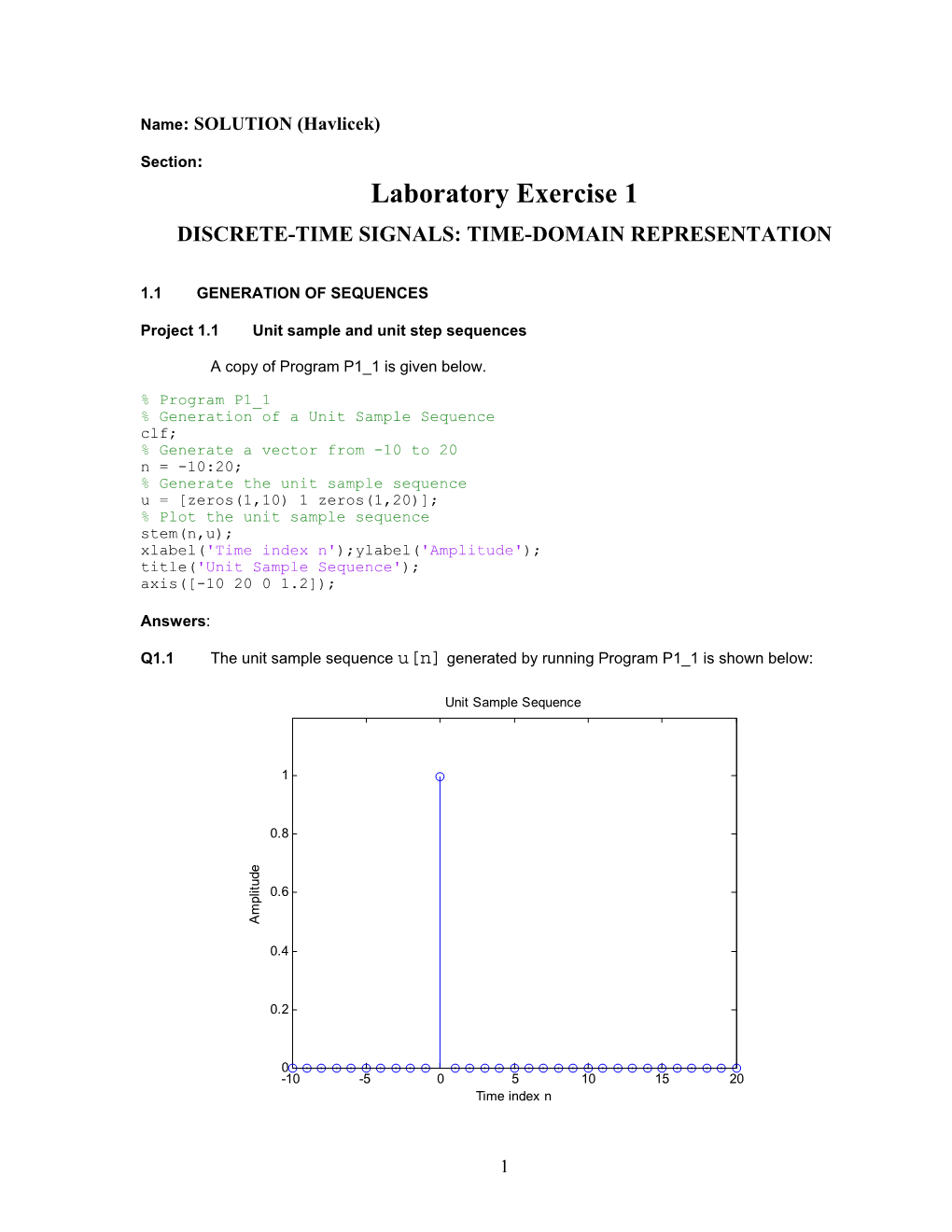 Laboratory Exercise 1 DISCRETE-TIME SIGNALS: TIME-DOMAIN REPRESENTATION