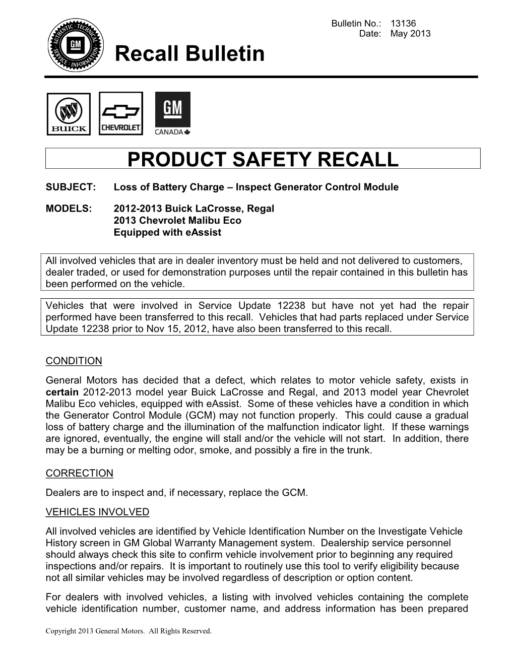 2013 May GM Safety Recall Bulletin 13136