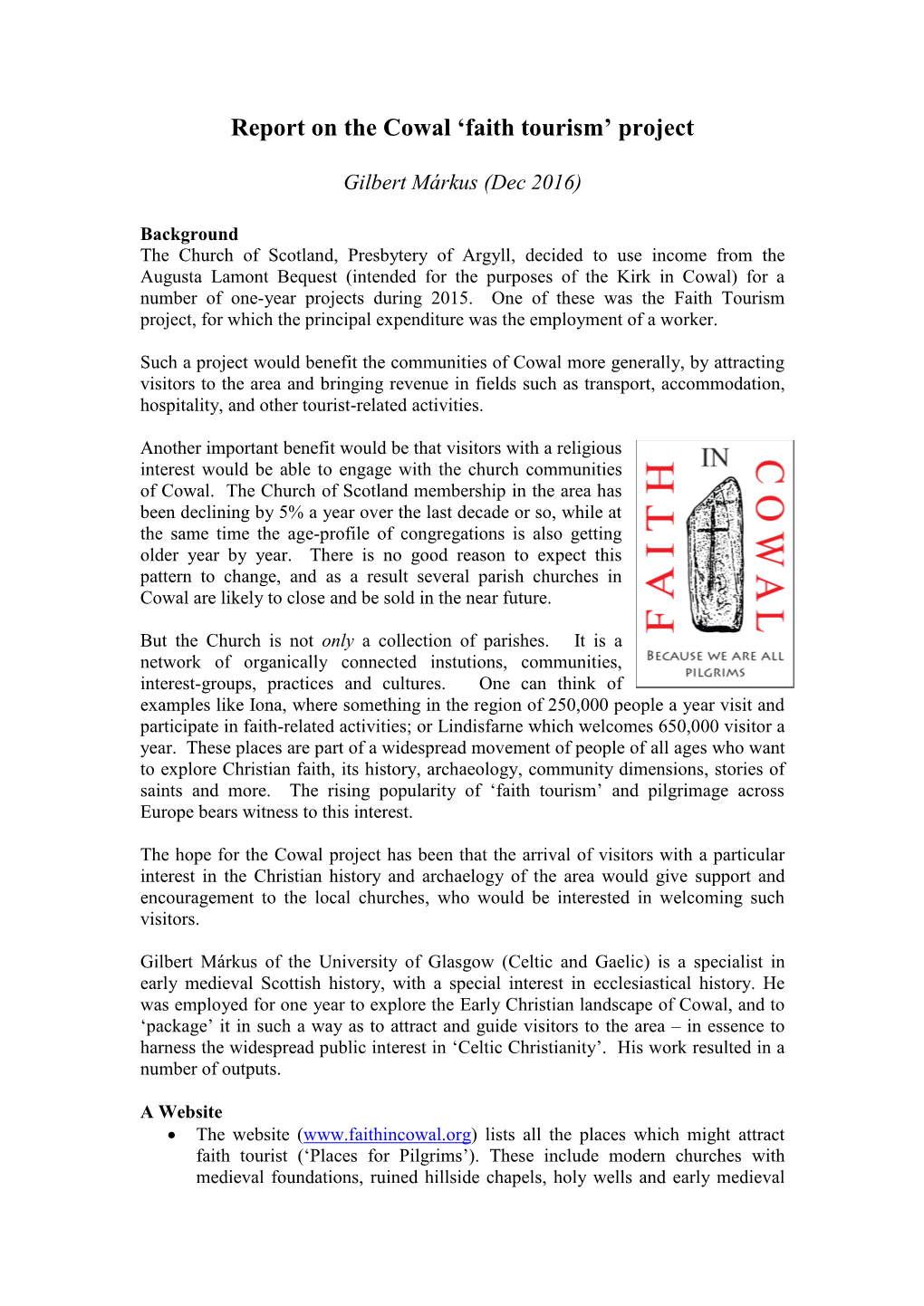 Report on the Cowal 'Faith Tourism' Project