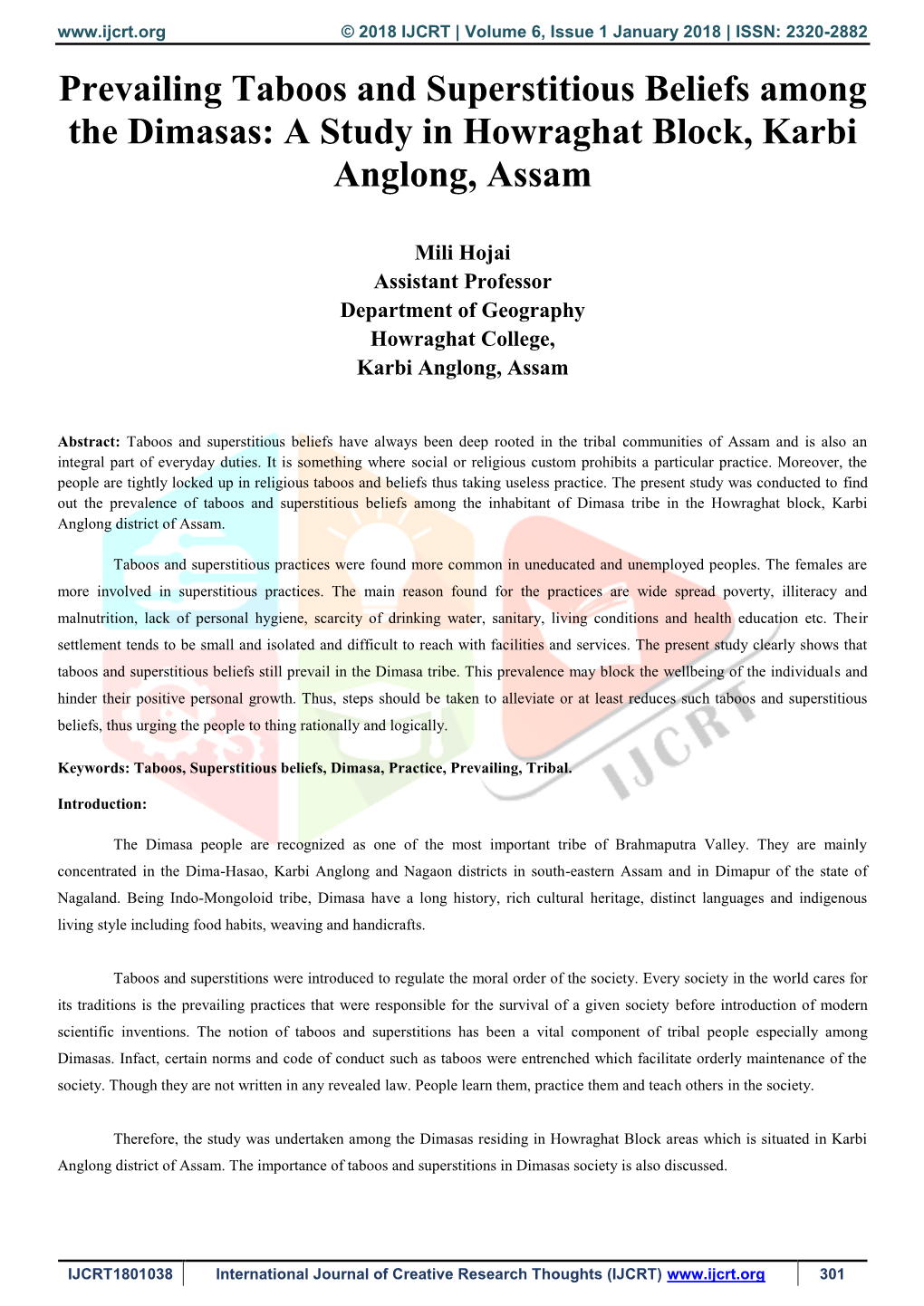 Prevailing Taboos and Superstitious Beliefs Among the Dimasas: a Study in Howraghat Block, Karbi Anglong, Assam