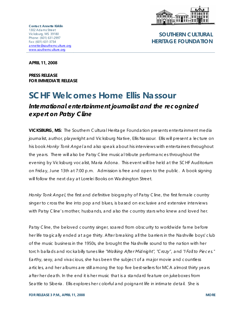 SCHF Welcomes Home Ellis Nassour International Entertainment Journalist and the Recognized Expert on Patsy Cline