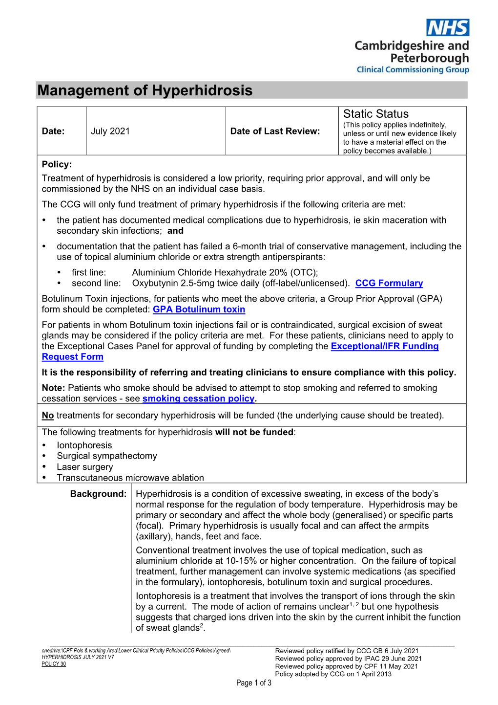 Management of Hyperhidrosis