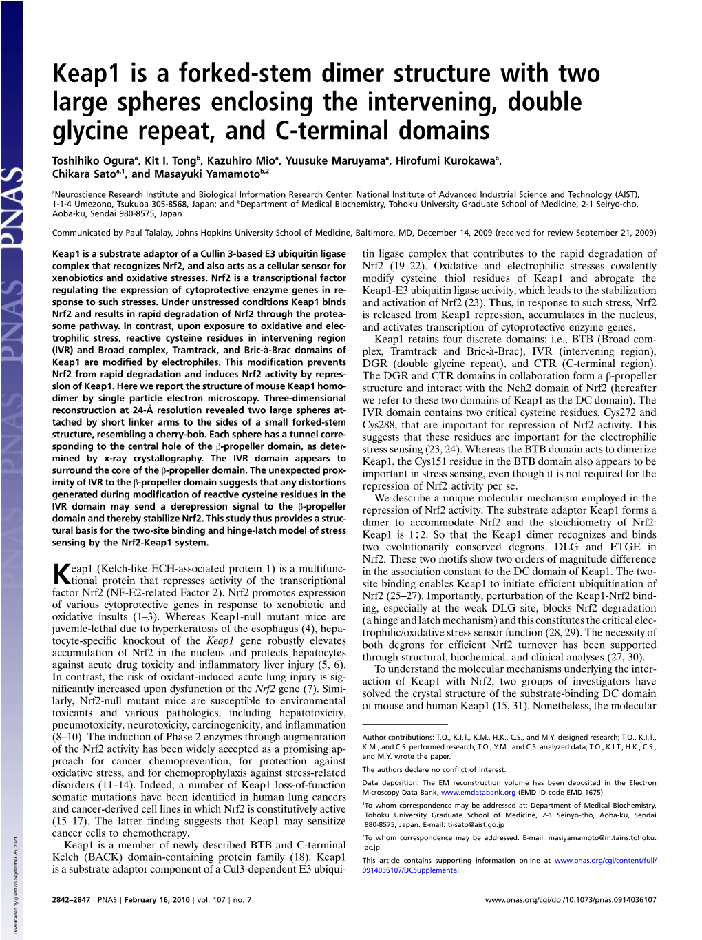 Keap1 Is a Forked-Stem Dimer Structure with Two Large Spheres Enclosing the Intervening, Double Glycine Repeat, and C-Terminal Domains