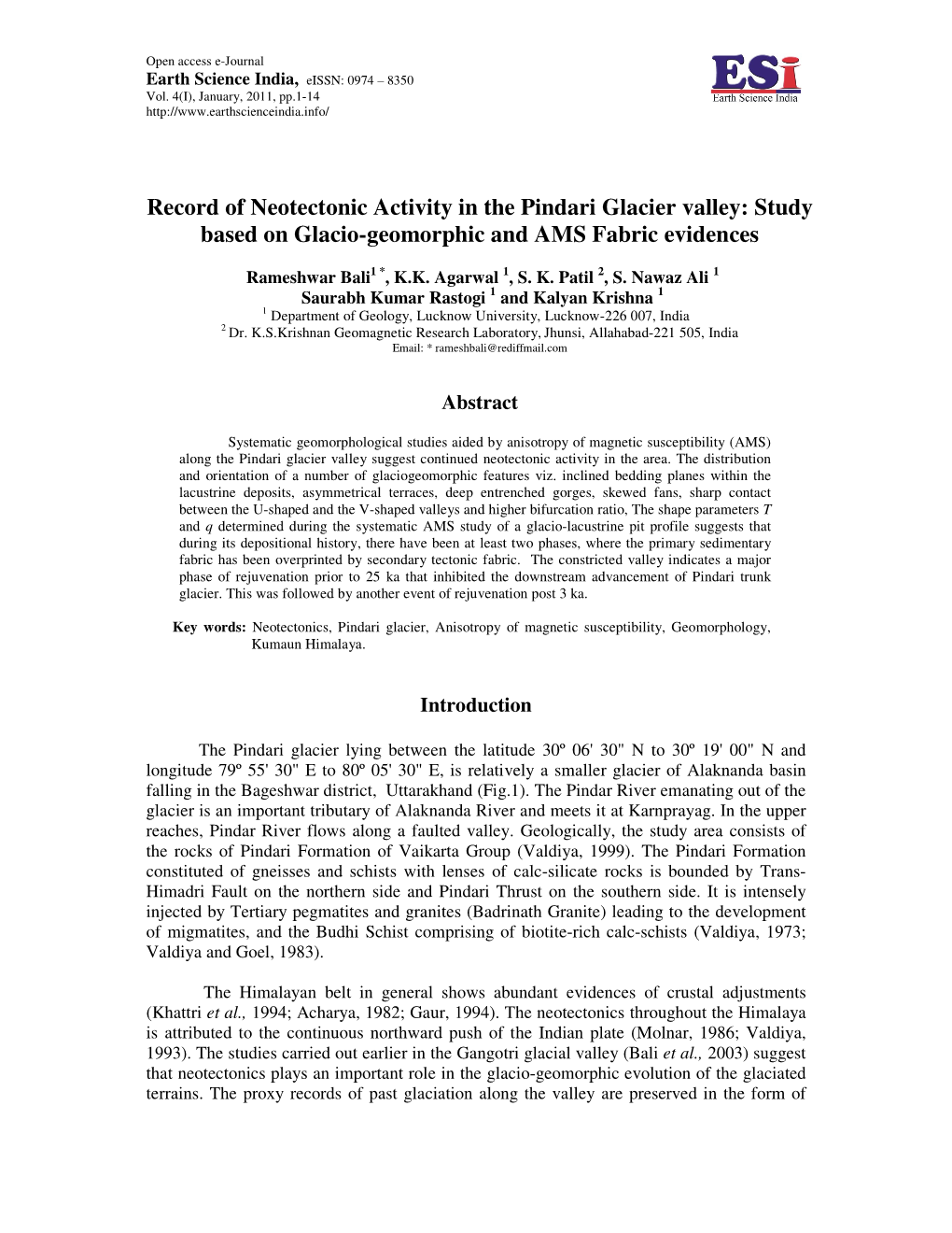 Record of Neotectonic Activity in the Pindari Glacier Valley: Study Based on Glacio-Geomorphic and AMS Fabric Evidences