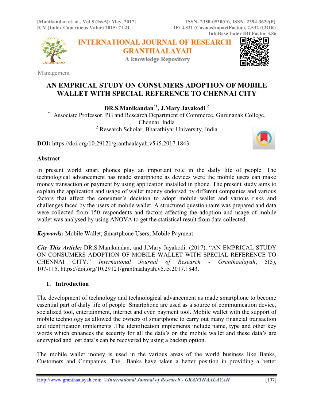 An Emprical Study on Consumers Adoption of Mobile Wallet with Special Reference to Chennai City