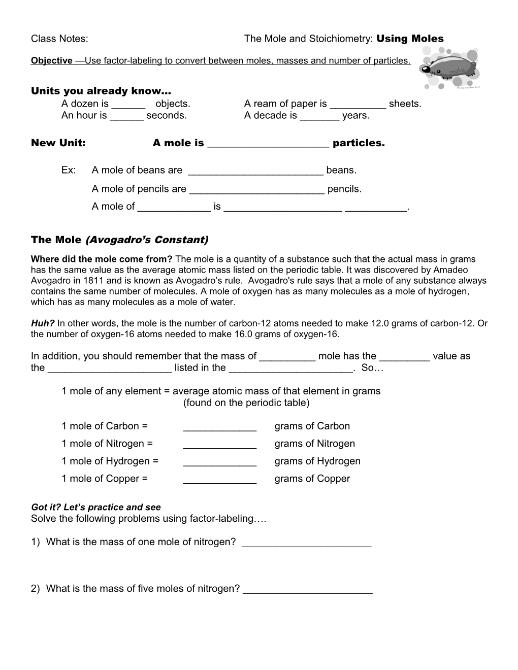 Mole Unit Notes And Practice Problems