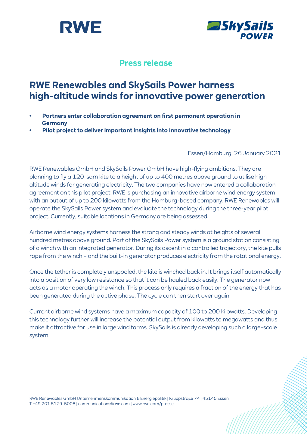 RWE Renewables and Skysails Power Harness High-Altitude Winds for Innovative Power Generation