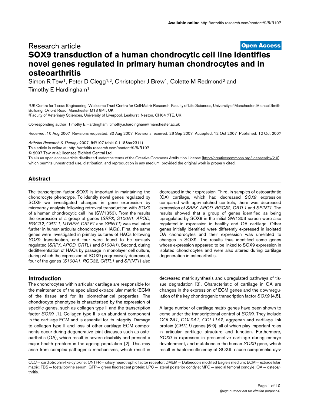 SOX9 Transduction of a Human Chondrocytic Cell Line Identifies