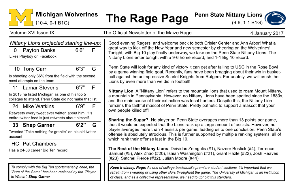 Penn State Nittany Lions (10-4, 0-1 B1G) the Rage Page (9-6, 1-1 B1G)