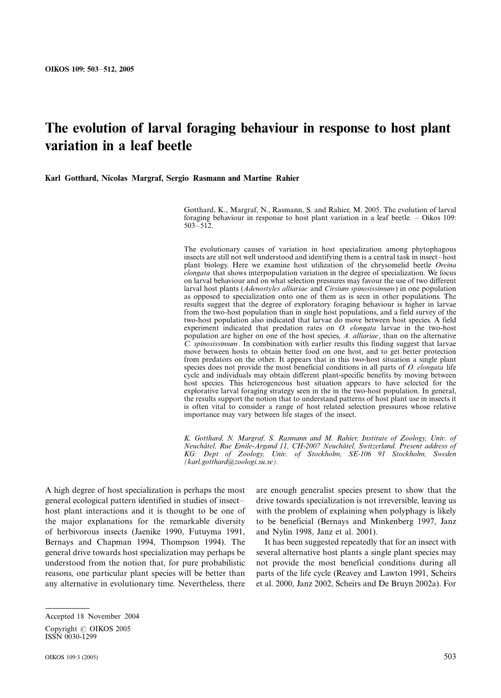 The Evolution of Larval Foraging Behaviour in Response to Host Plant Variation in a Leaf Beetle