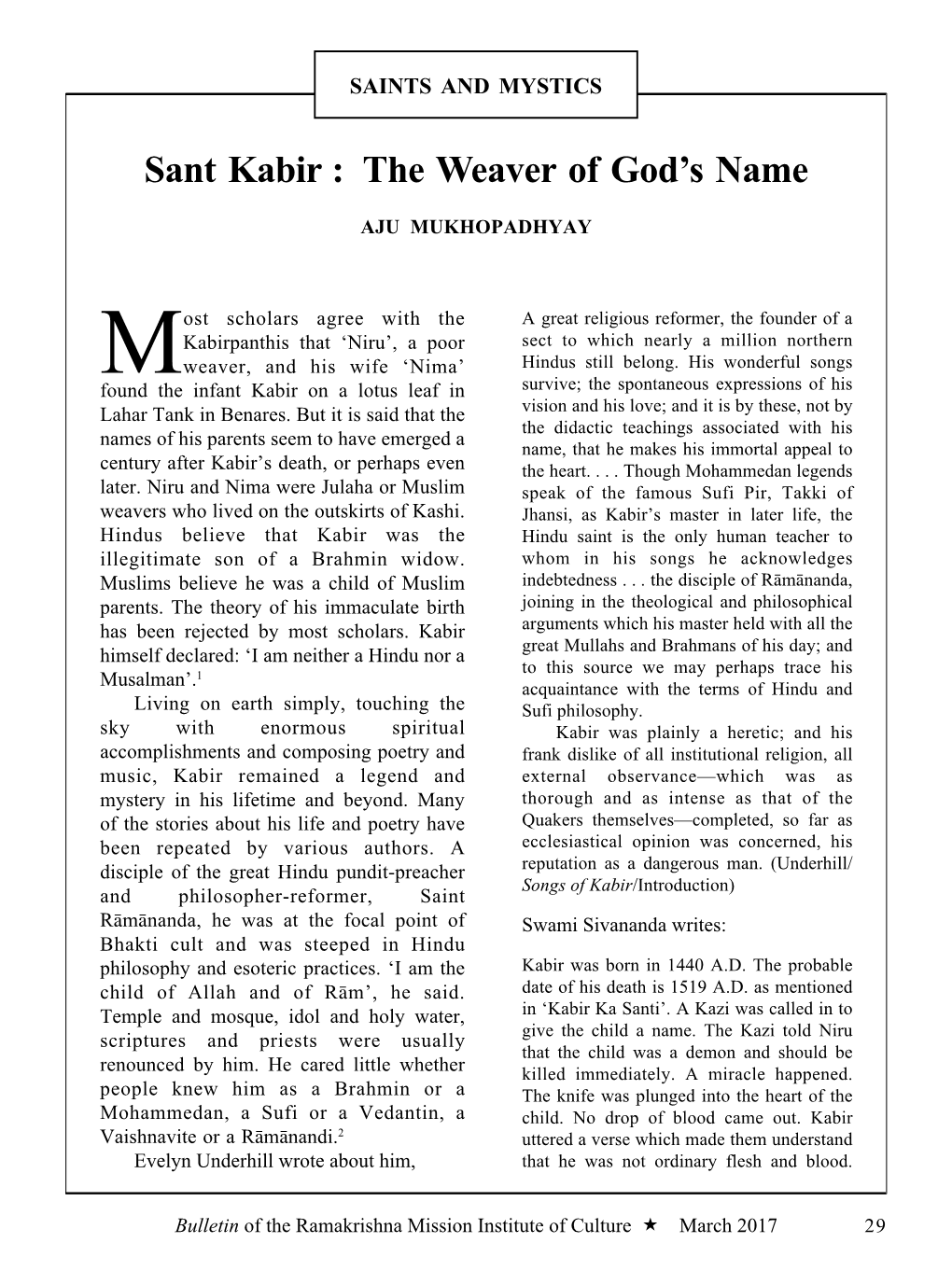 Sant Kabir : the Weaver of God's Name