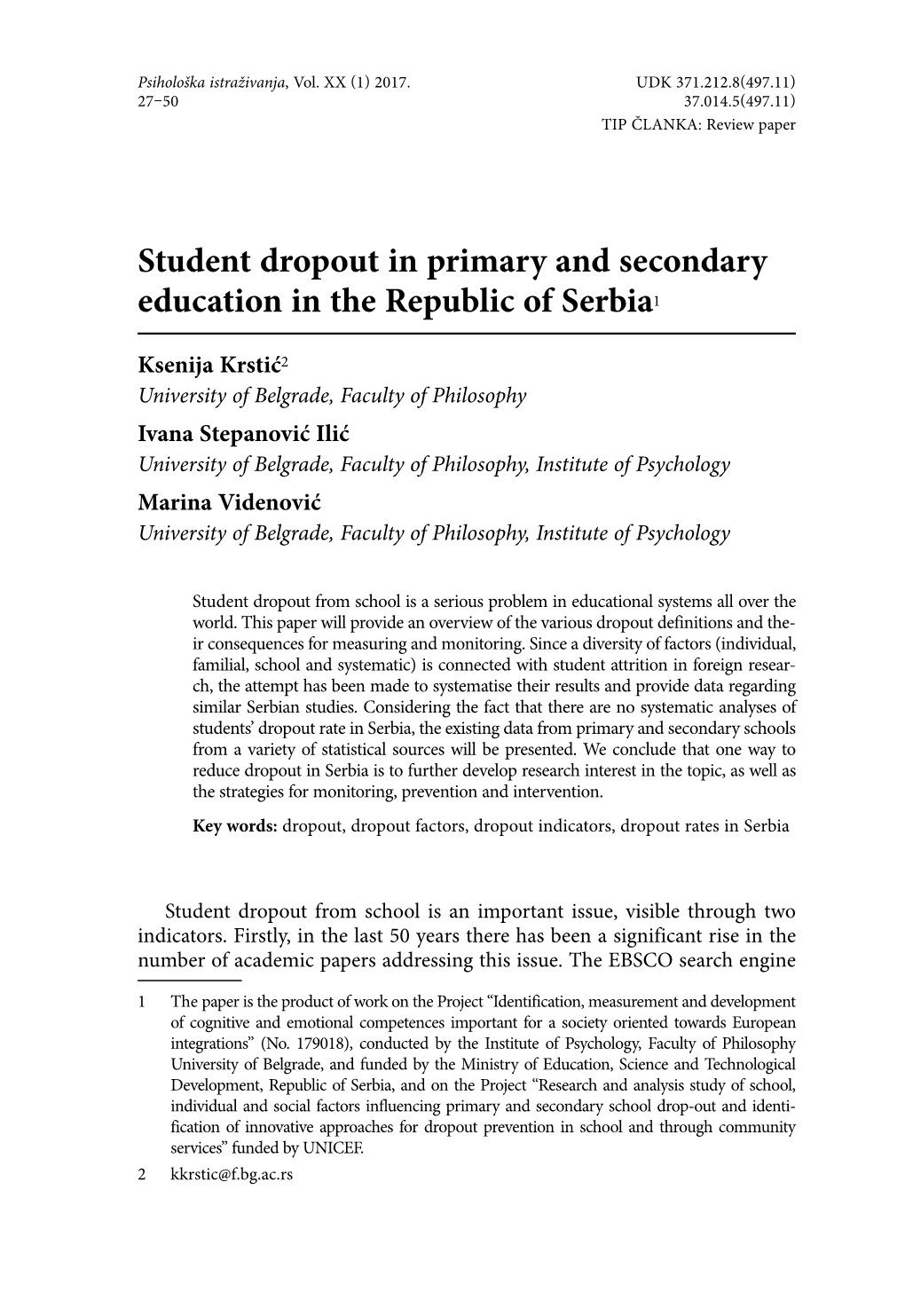 Student Dropout in Primary and Secondary Education in the Republic of Serbia1