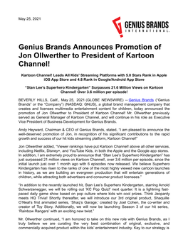 Genius Brands Announces Promotion of Jon Ollwerther to President of Kartoon Channel!