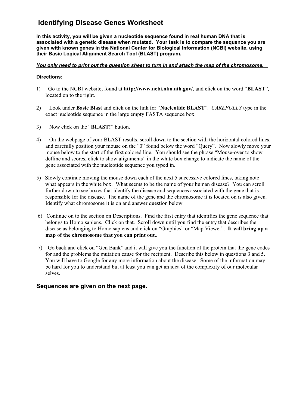 Identifying Disease Genes Worksheet