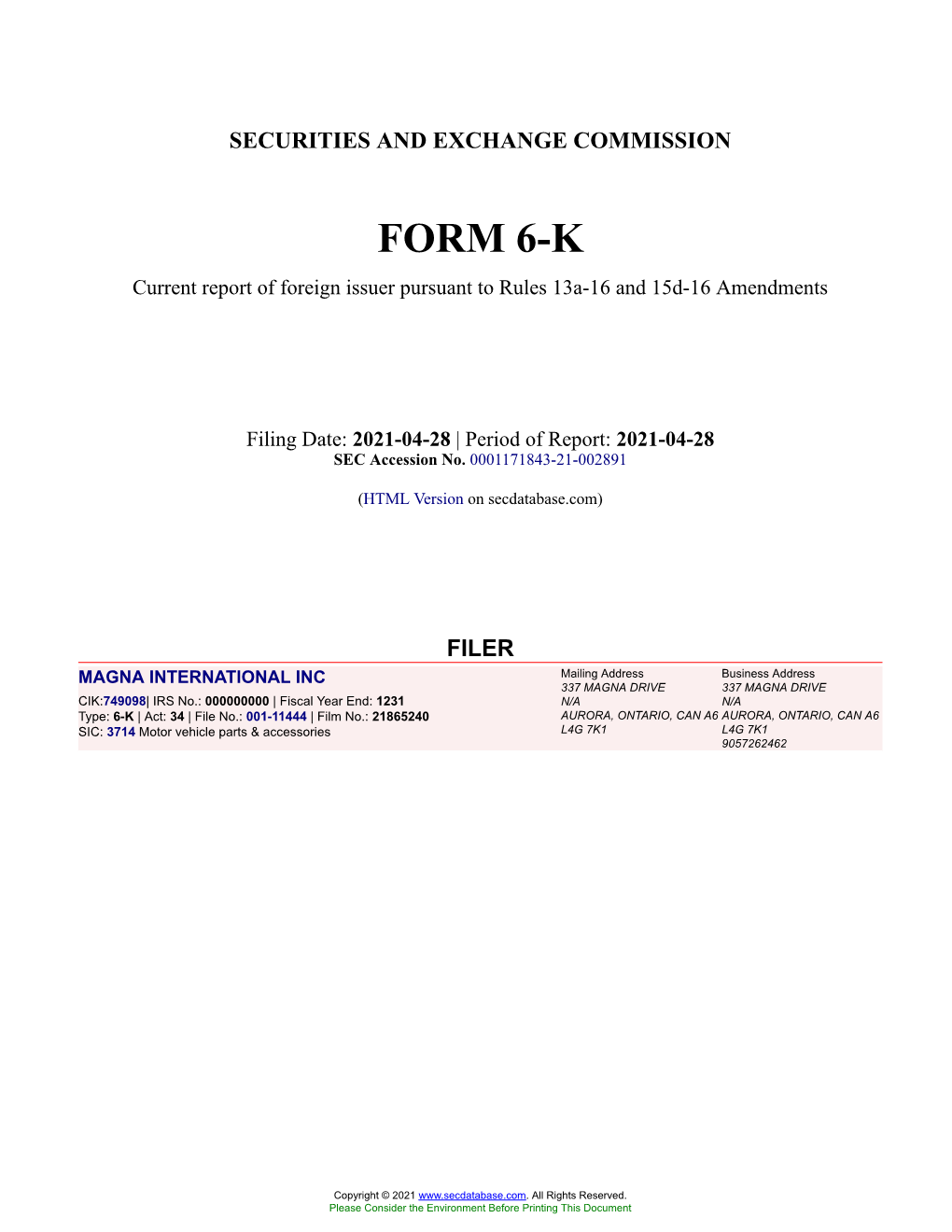 MAGNA INTERNATIONAL INC Form 6-K Current Event Report Filed 2021