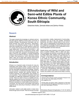 Ethnobotany of Wild and Semi-Wild Edible Plants of Konso Ethnic Community, South Ethiopia Getachew Addis, Zemede Asfaw and Zerihun Woldu