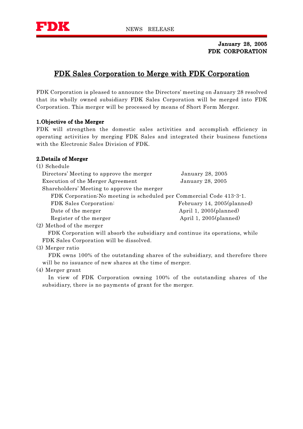 FDK Sales Corporation to Merge with FDK Corporation