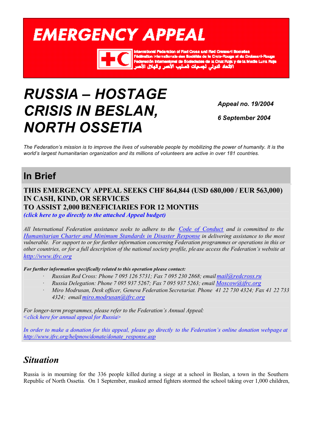 IFRC- Russia: Hostage Crisis in Beslan/ North Ossetia- Emergency