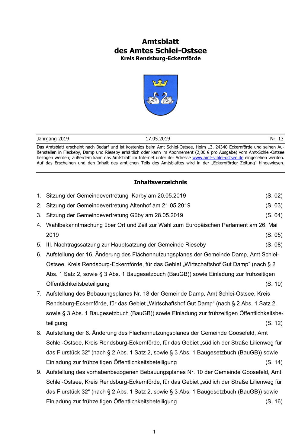 Amtsblatt Des Amtes Schlei-Ostsee Kreis Rendsburg-Eckernförde