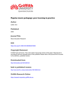 Popular Music Pedagogy: Peer Learning in Practice