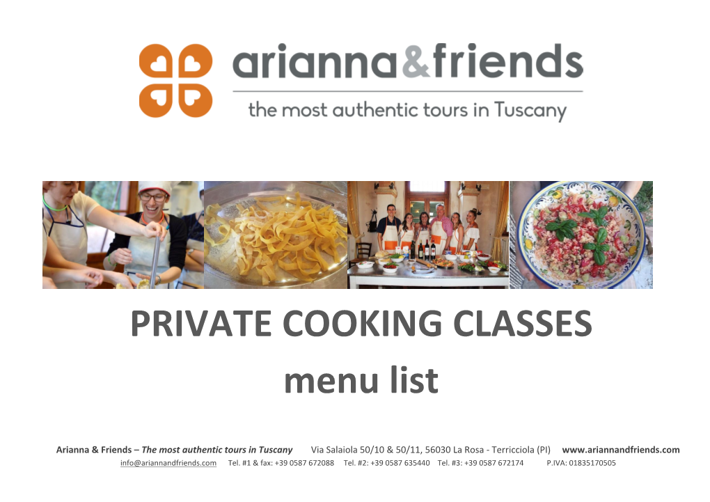 PRIVATE COOKING CLASSES Menu List