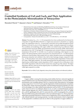 Controlled Synthesis of Cus and Cu9s5 and Their Application in the Photocatalytic Mineralization of Tetracycline