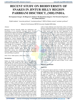 Recent Study on Biodiversity of Snakes in Jintur Hilly Region Parbhani Disctrict, (Mh) India