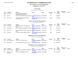 UNOFFICIAL CANDIDATE LIST Page 1 08/04/2020 - STATE PRIMARY BERRIEN COUNTY